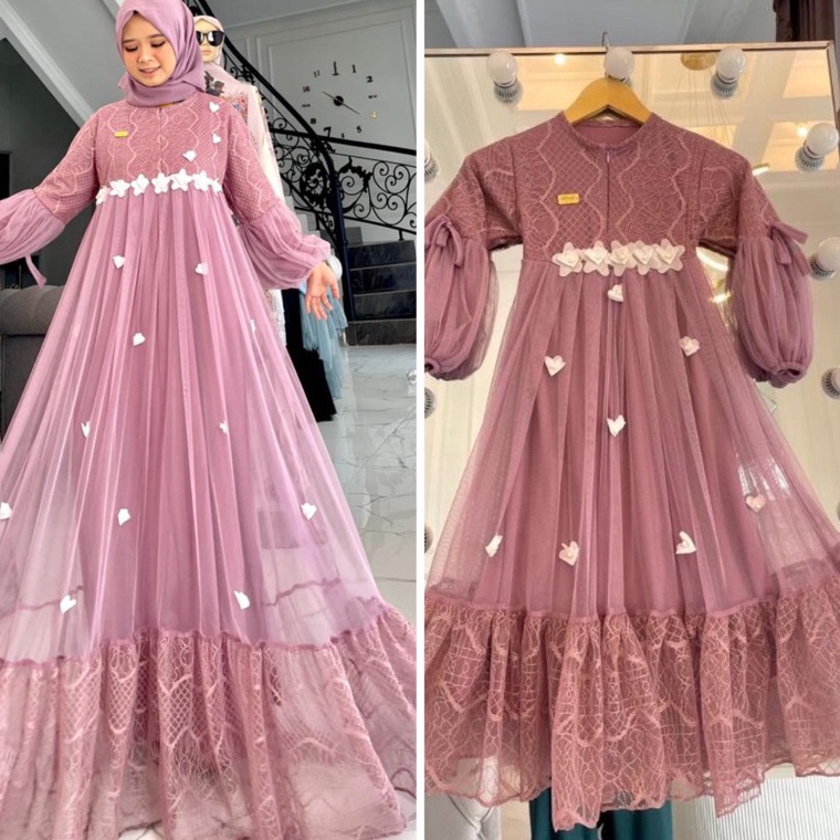 KODE X4Q Gamis Pesta Anak Perempuan Brukat Motif Bunga Bunga S M L XL