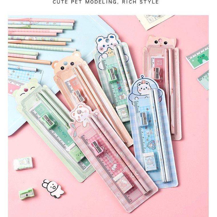 

GROSIR 3pcs set alat tulis 5in1 paket alat tulis anak pensil penggaris lioshopping hapusan hadiah lomba souvenir natal Christmas tahun baru e Z2U8