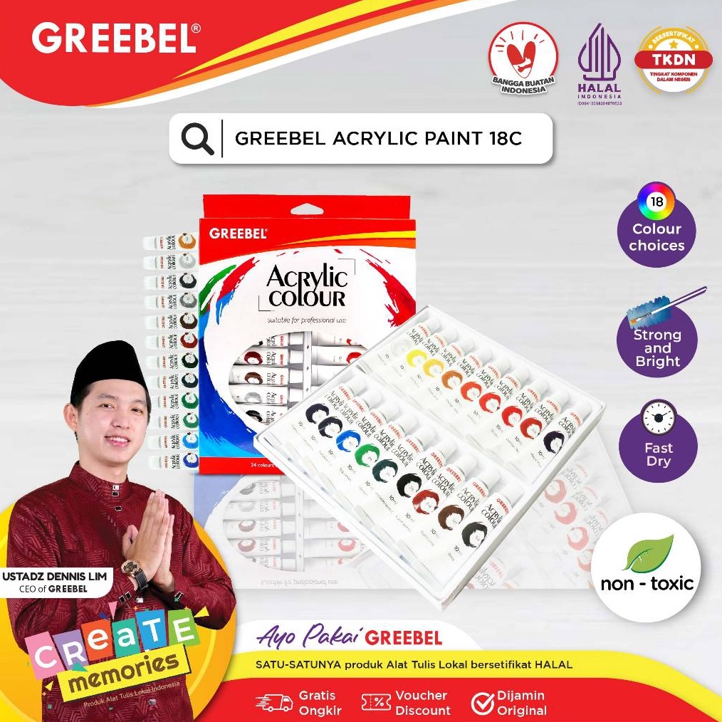 

GREEBEL Cat Akrilik 1 ML 18 WARNA utk anak sekolah art melukis ACRYLIC PAINTING tdk beracun cerah r H4K3