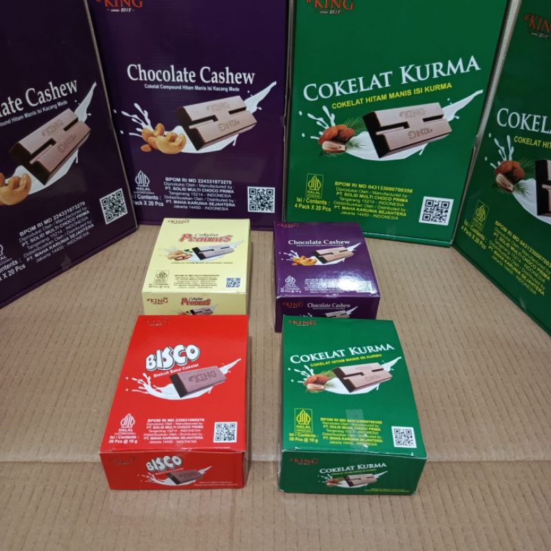 

Cokelat 1 dus isi 4 Pack Coklat Cashew Peanuts Kurma Bisco d'KING