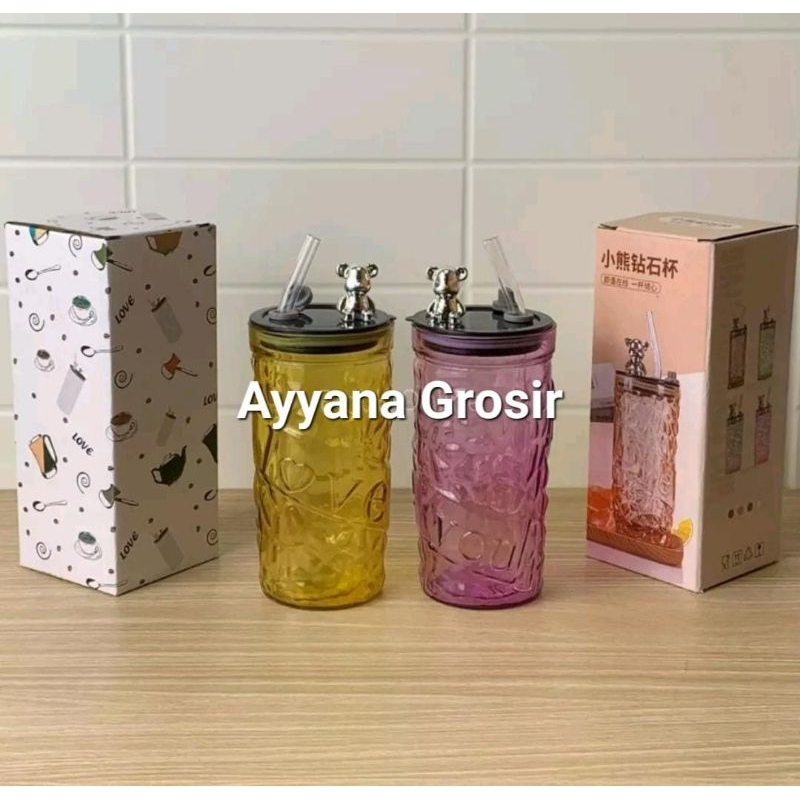Gelas Sedotan cristal / gelas sedotan aesthetic 450ml gelas sedotan panda gelas tutup beruang kemas 