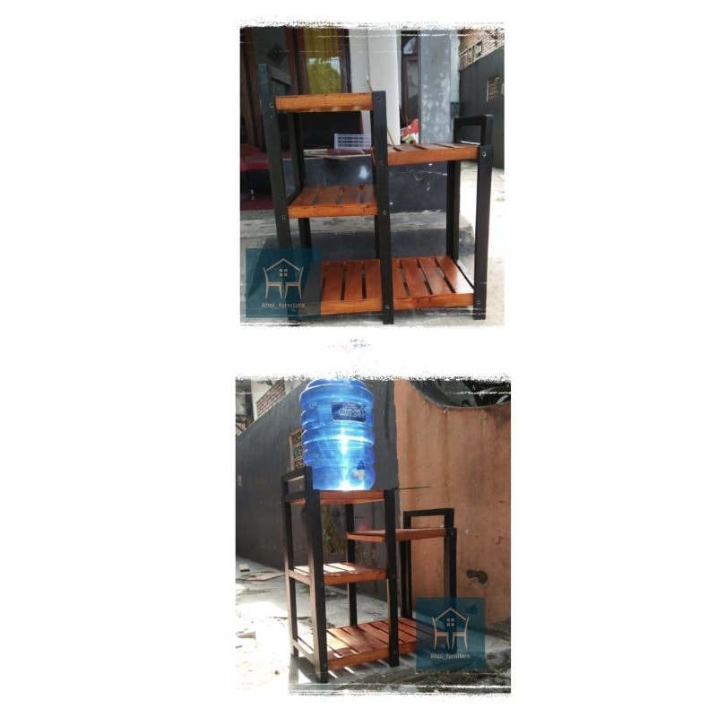 Meja kayu dispenser, magic com dan microwave estetik