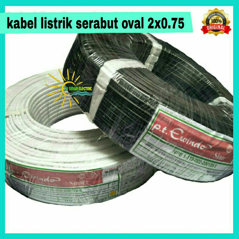 kabel listrik serabut oval 2x0.75 merk sinar PT Ewindo per roll 100M