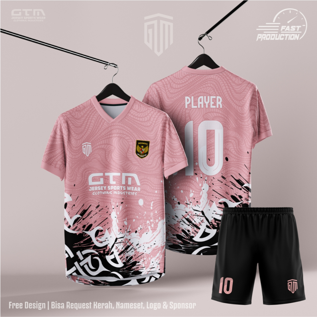 Jersey Bola Futsal Printing Pink Hitam Kerah Vneck ~ Free Custom Design