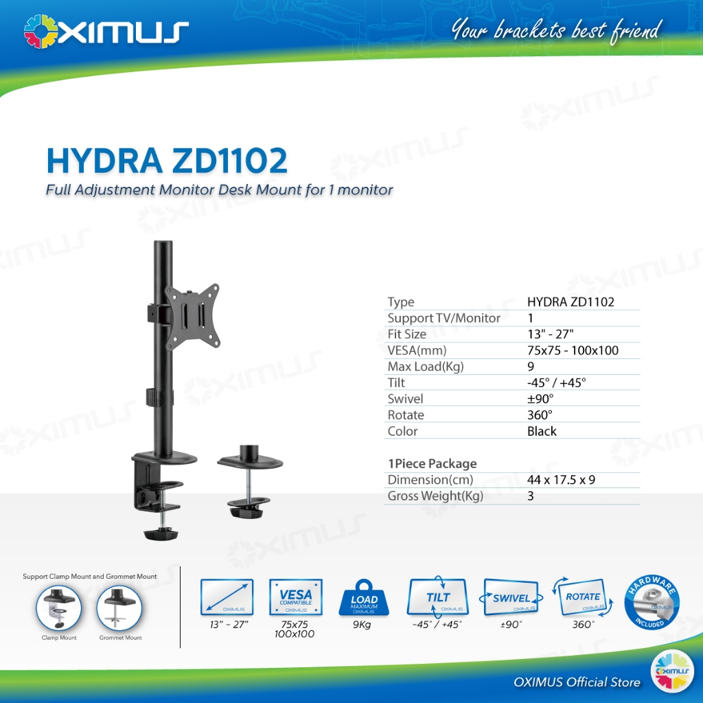 BRACKET TV LCD MONITOR 13"-27" OXIMUS HYDRA ZD1102 TILT SWIVEL ROTATE