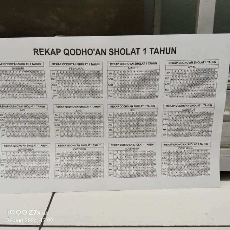 Lembar Tabel Qodhoan Sholat 1 tahun