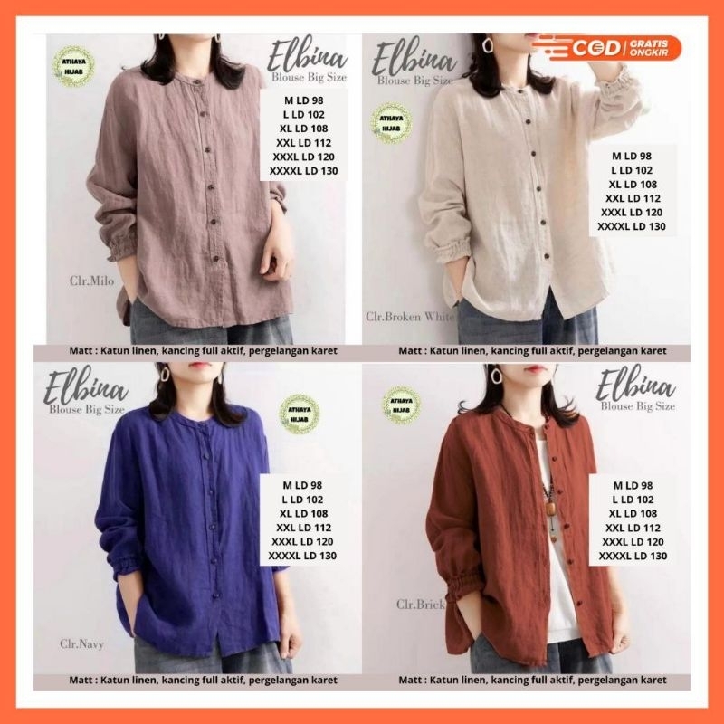 Blus Wanita Jumbo Lengan Panjang Elbina Blouse Kemeja Kerah Shanghai