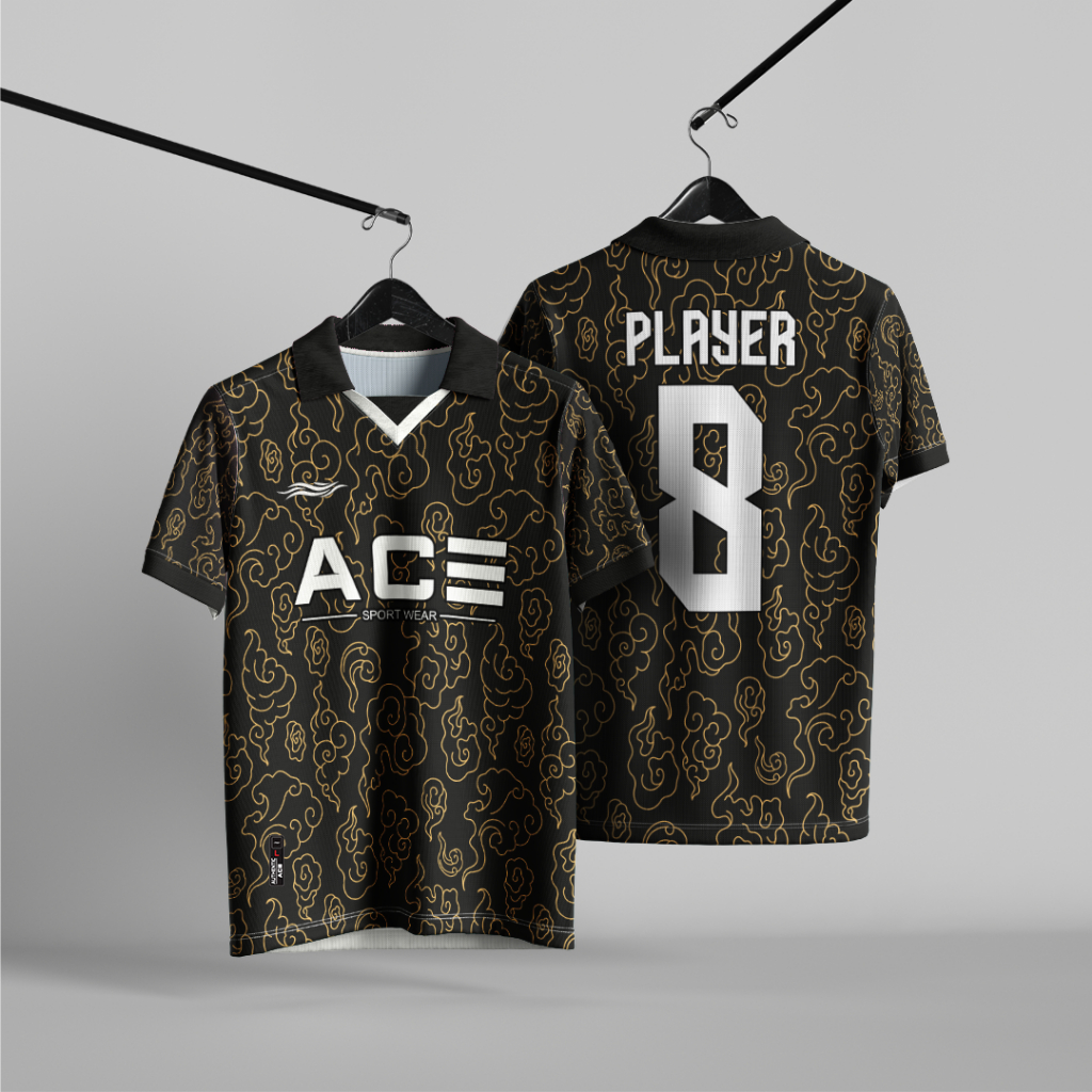 Jersey Futsal Bola Simple Motif Awan Emas Hitam Full Print Free Req Nama Nomor Logo Custom Satuan