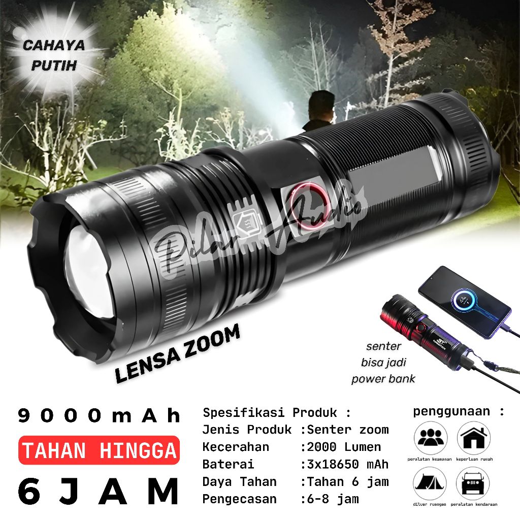 Senter Zoom In Out MX-B702 XA-B702 2000 Lumens Flashlight Led Laser | Power Bank 9000mAh Waterproof 
