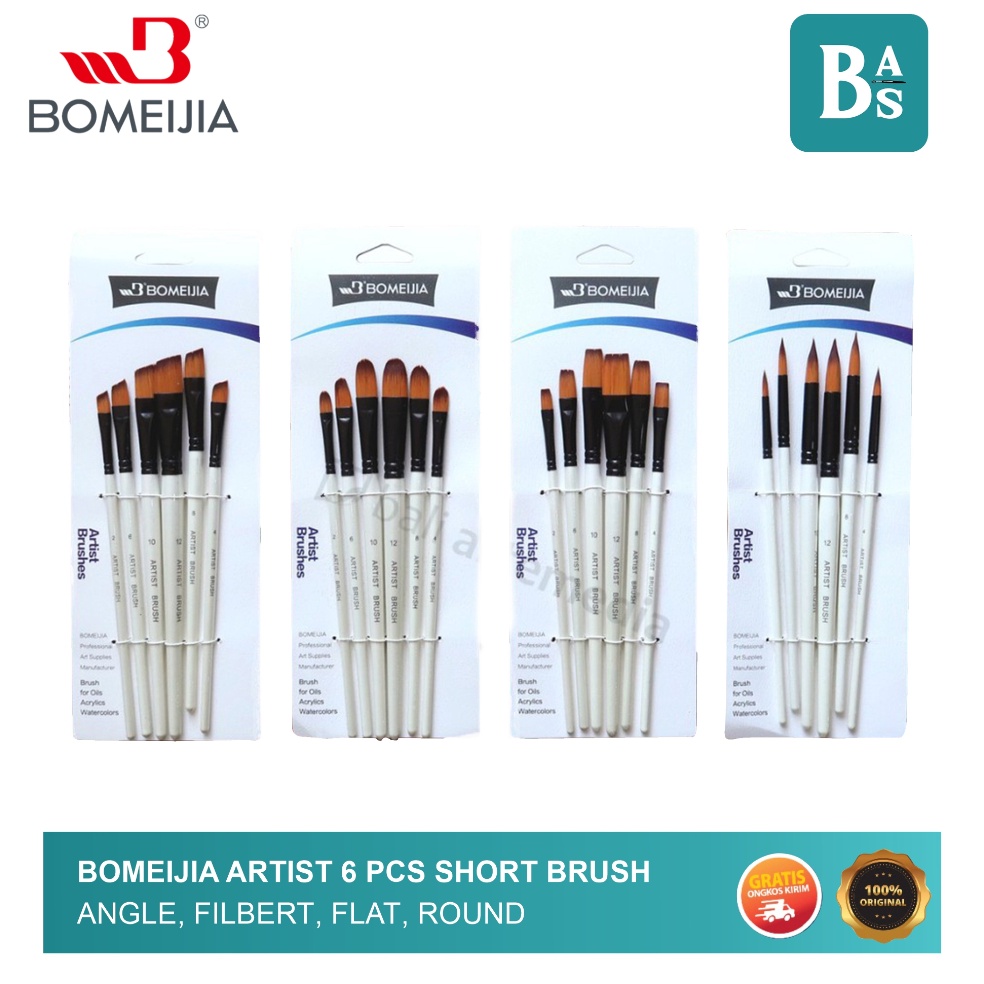 

KODE X39A BOMEIJIA Artist 6 pcs Short Handle Brush Round Filbert Angle Flat Kuas Lukis