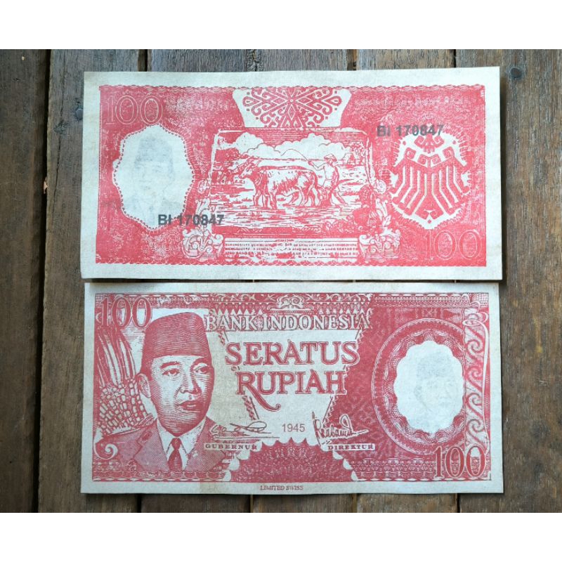 Uang souvenir 100 Soekarno melengkung 1945 1954 1964 Watermark sukarno gambar belakang kerbau bajak 