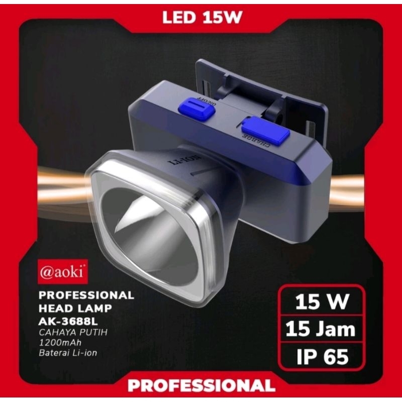 Senter Kepala Aoki Cahaya Putih Super Terang - Senter Led Aoki 3688L