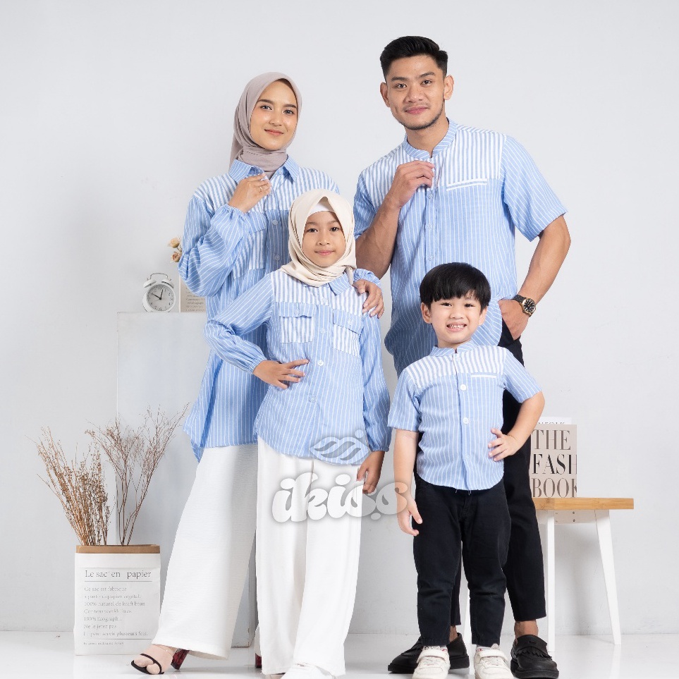 KODE C5O Blouse Wanita Muslim Full Kancing  Sarimbit Couple Keluarga Motif Salur  Koko Kurta Couple 