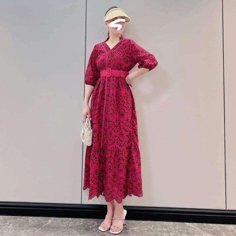 59009 (Set BELT) Baju mididress LEILIYA EMBROIDERY COTTON KATBOL BELTED MIDI DRESS katun bolong dres