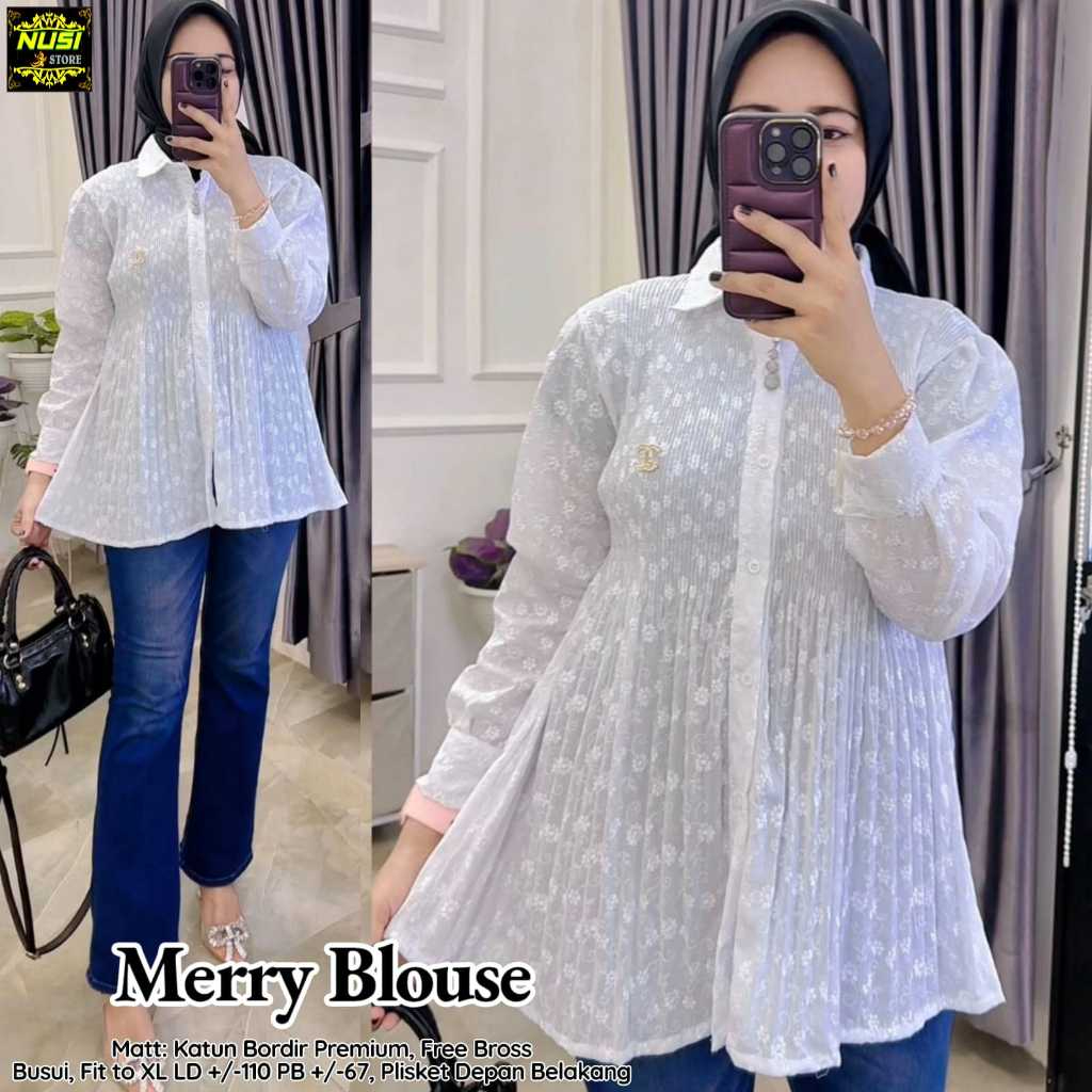 Merry baju blouse kemeja atasan wanita muslim remaja katun bordir putih jumbo ld 110 putih kekinian