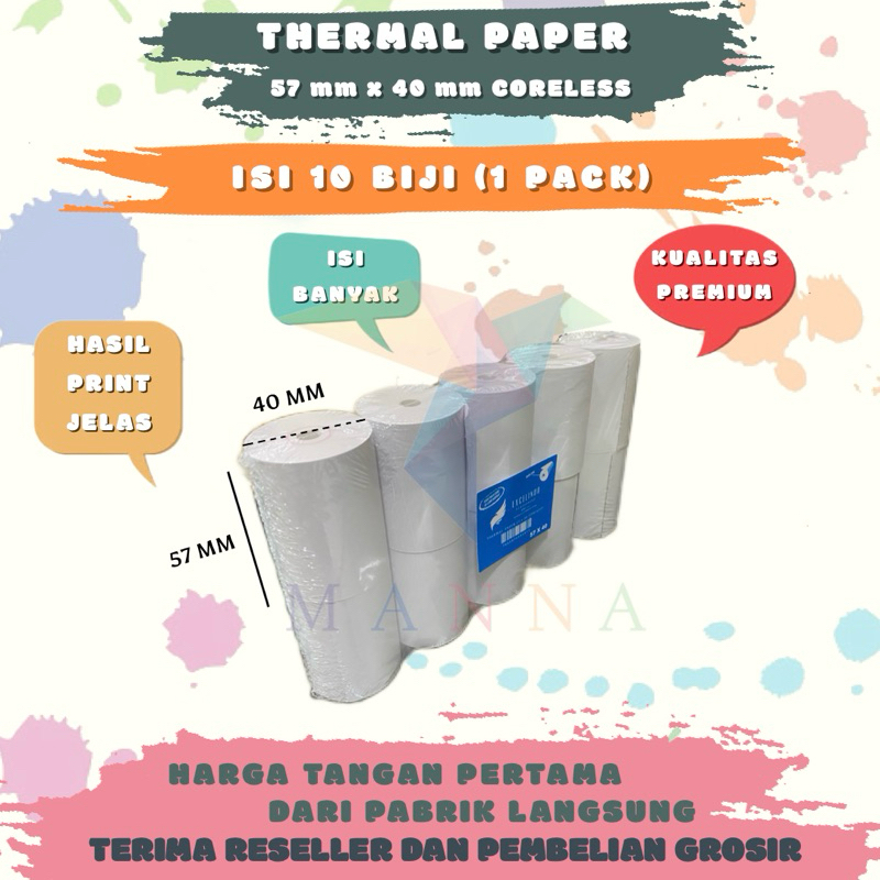 

(10 BIJI) Kertas Kasir Thermal Paper 57x38 mm ASLI CORELESS TANPA TULANG merk Excelindo PREMIUM QUALITY