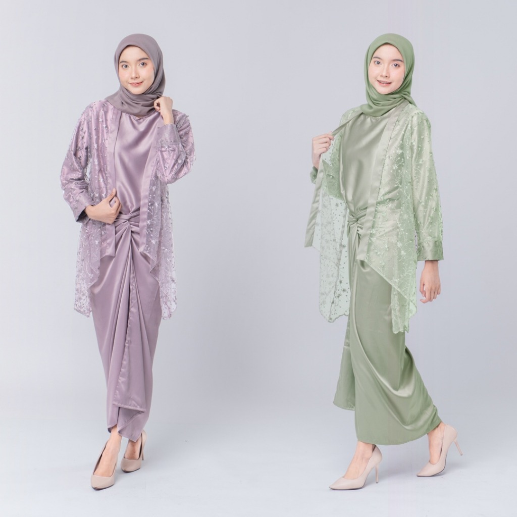 Setelan Sajira Outer Brokat Payet Mutiara Mix Dress Lilit Kekinian Gamis Kondangan Maxy Syari