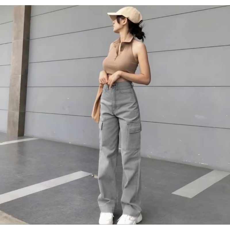 Celana Highwaist cargo jeans loose wanita, celana cargo jeans wanita, celana panjang cargo wanita