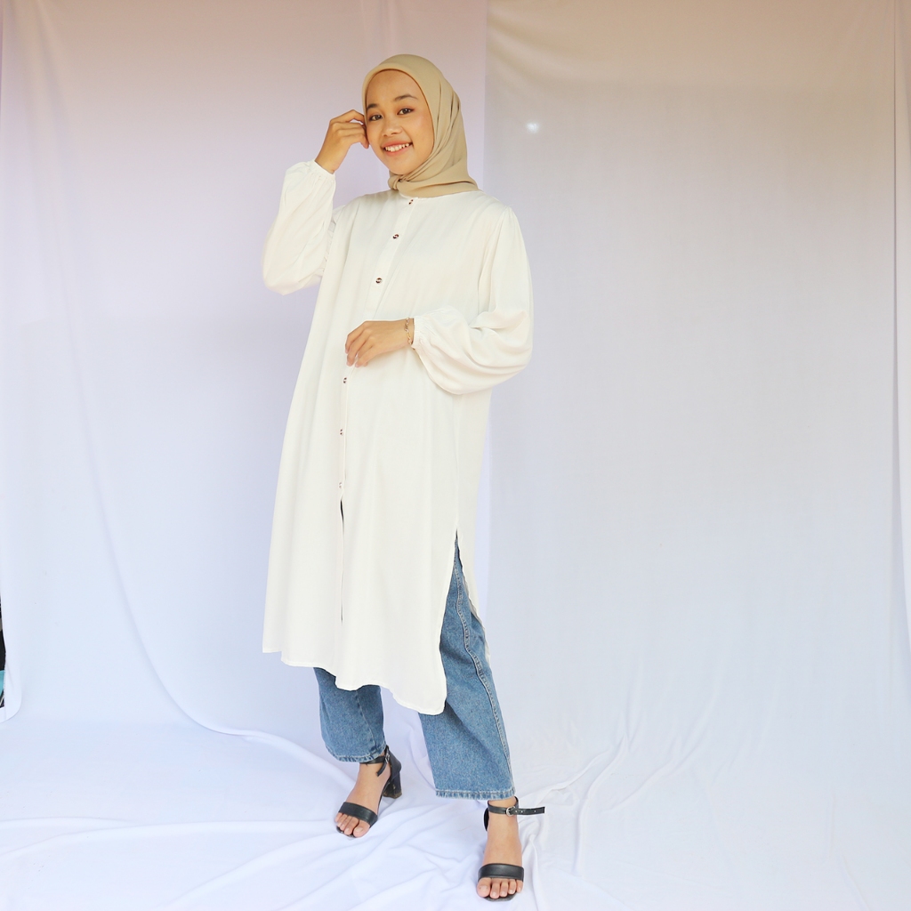 Long Tunik Rayon Twill Premium Putih Tulang Polos Jumbo