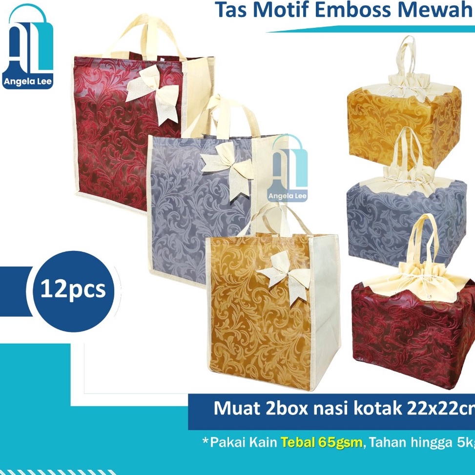 KODE X92B 12pcs Tas Kain Emboss Serut Pita Motif Mewah Berkatan Hajatan 22x22cm