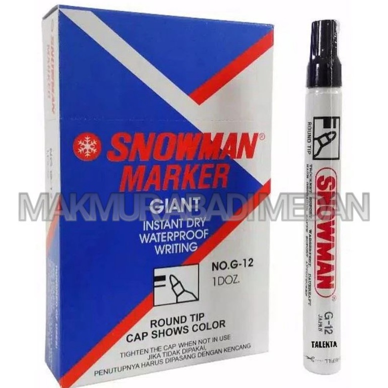 Spidol Snowman Permanent Hitam G12 per LusinSpidol Permanent Snowman MarkerSpidol permanen tidak bis