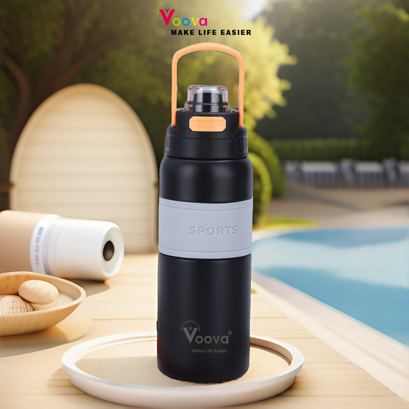 VOOVA Botol Minum Hitam Aesthetic/Botol Air Minum Sport/Stainless Steel 960ML Dengan Gantungan pegan