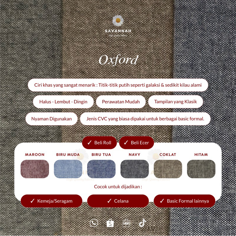 Oxford bahan kain katun basic premium anyaman padat casual dan formal halus dingin ecer per yard leb