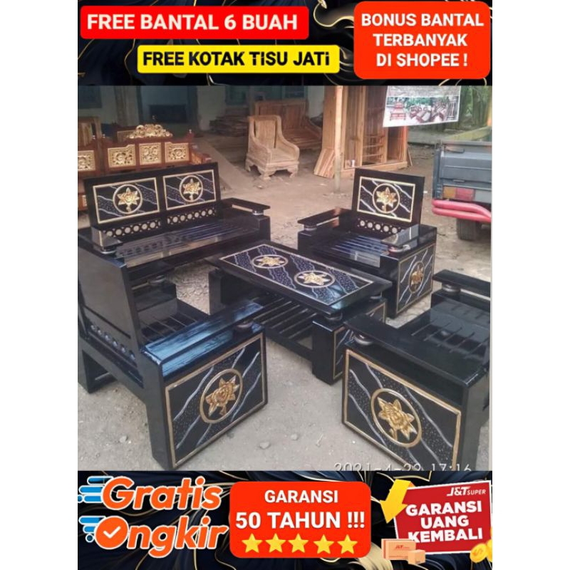 Kursi Ruang Tamu Kayu Jati Minimalis Bola Jarik Hitam Emas 2111 Meja