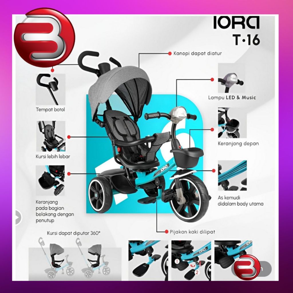 BARAKOO-Sepeda Anak Roda Tiga Iora T-16 Sepeda Stroller Roda Tiga Iora