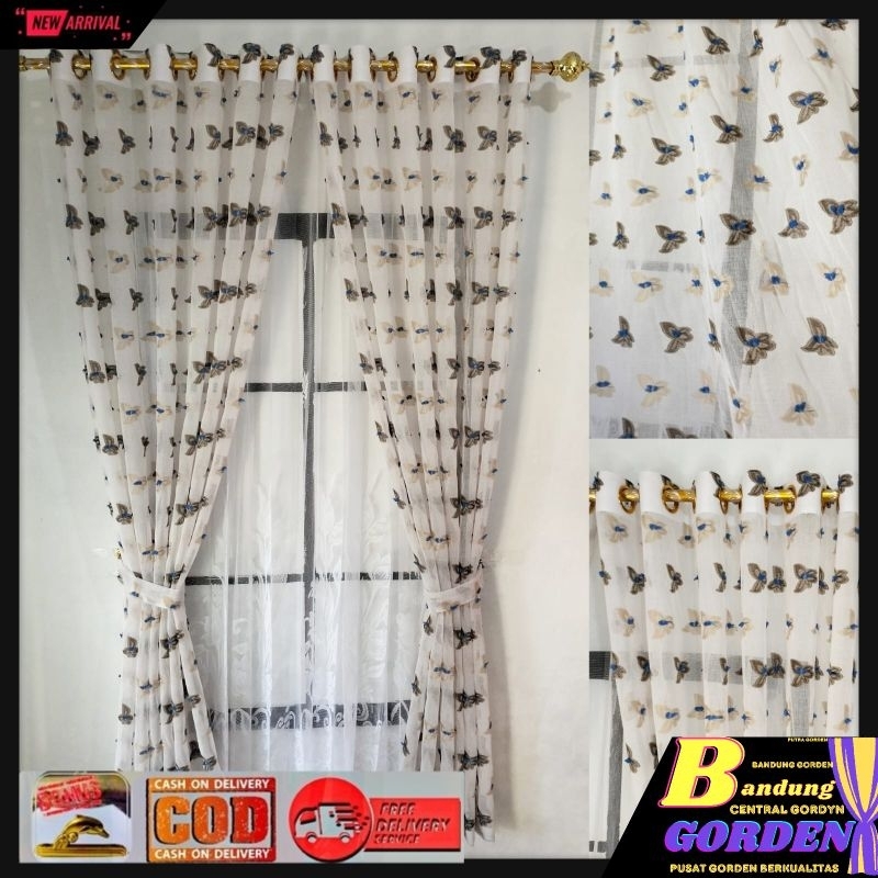 Gorden Jendela Vitrase Ruby Ruby Bordir Motif Kupu Kupu Model Smokring Ukuran L140T200Cm