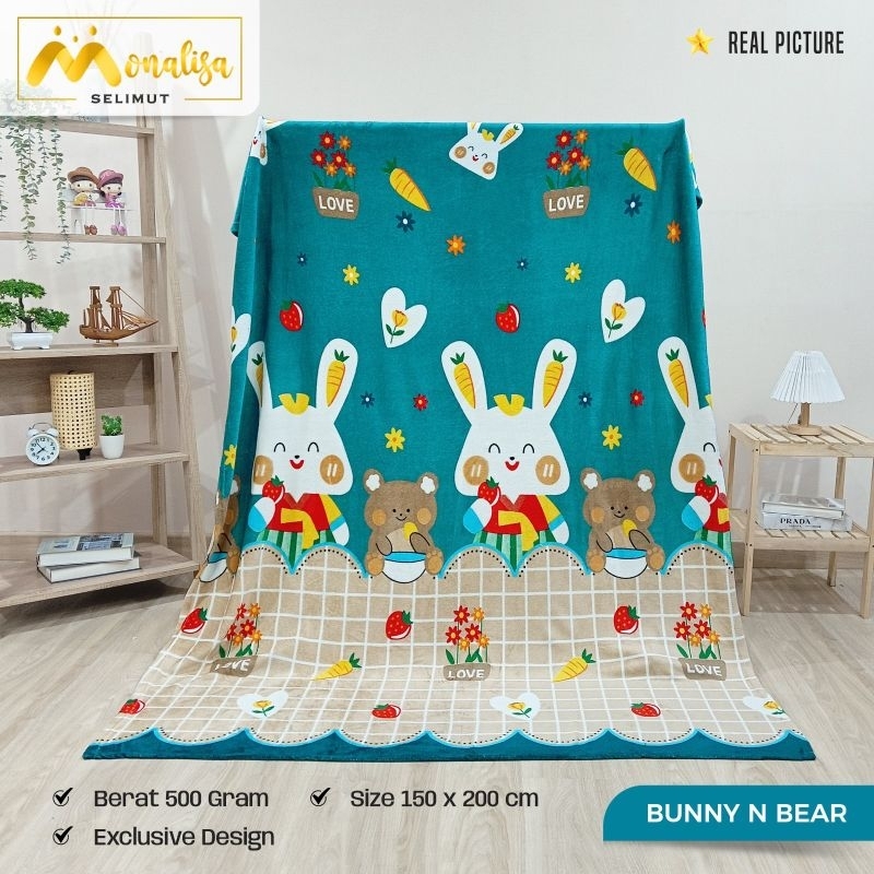 Selimut Bulu MONALISA 150x200 100% Original Asli New Baru Motif ANAK HEWAN KELINCI DAN BERUANG SUKA 