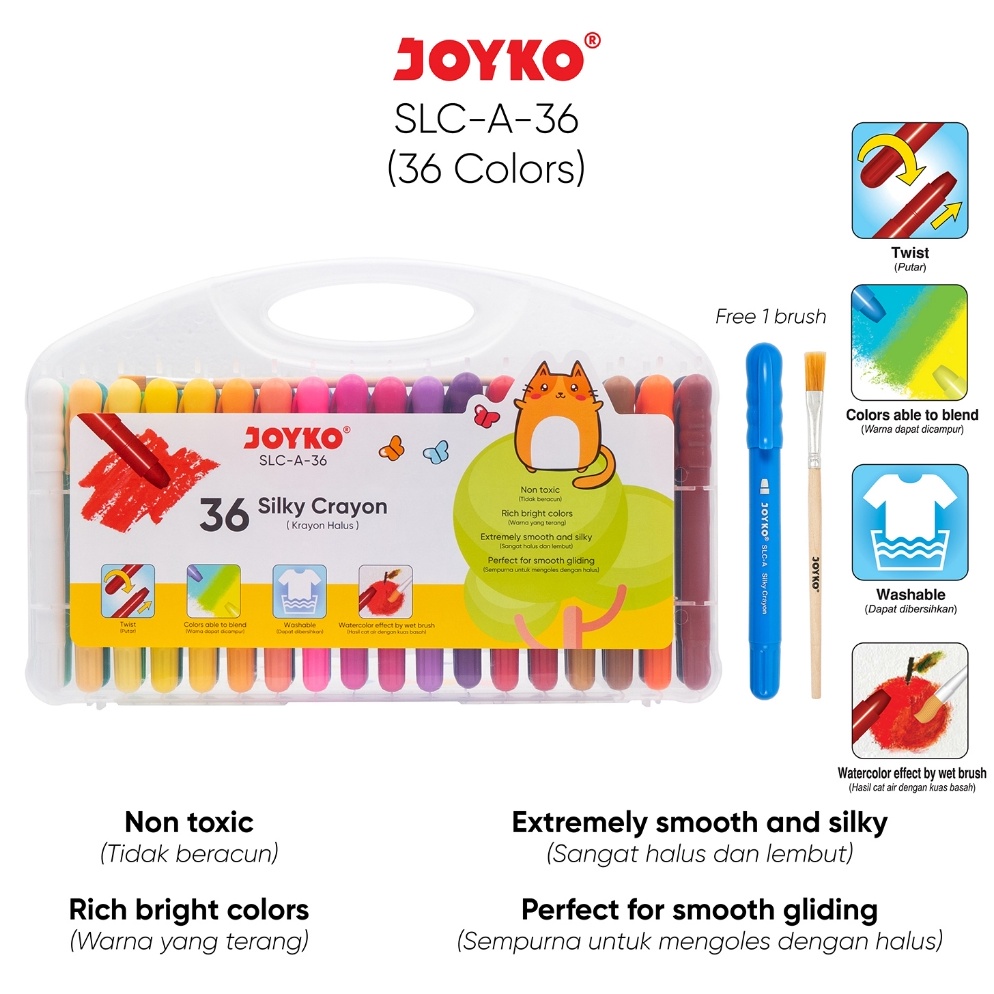 

KODE S9P3 Joyko Twist Crayon Silky Crayon Oil Pastel 36 Colours Krayon Joyko Halus Putar Tidak Kotor 36 Warna SLCA36