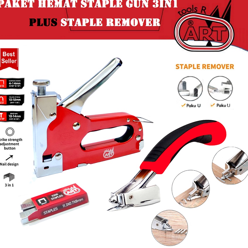 

KODE J1E4 PAKET HEMAT ART Staple Gun 414mm 3IN1 Staple Gun Trecker 3 in 1 Staples Staple Gun Tembak PLUS ART Stapler Remover Pembuka Pelepas Steples Nail Pulling Tools Alat Pembuka Pencabut Isi Staples