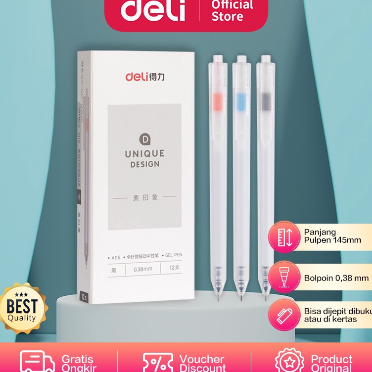 

KODE G6W7 Deli Gel Pen Pulpen Gel 38mm Tinta Hitam Isi 12 Retracable Desain Unik A115