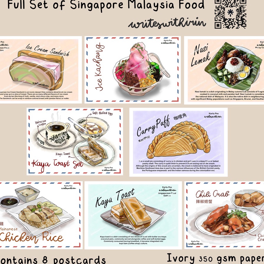 

KP8 writeswithirin Full Pack of Singapore Malaysia Cuisine Local Food 8 Postcards