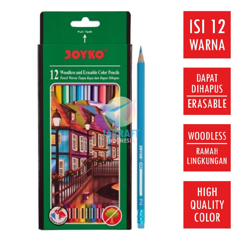 

HEMAT 12 Pcs Pensil Warna 12 Warna Panjang Bisa Dihapus JOYKO Erasable Color Pencil CP19 High Quality