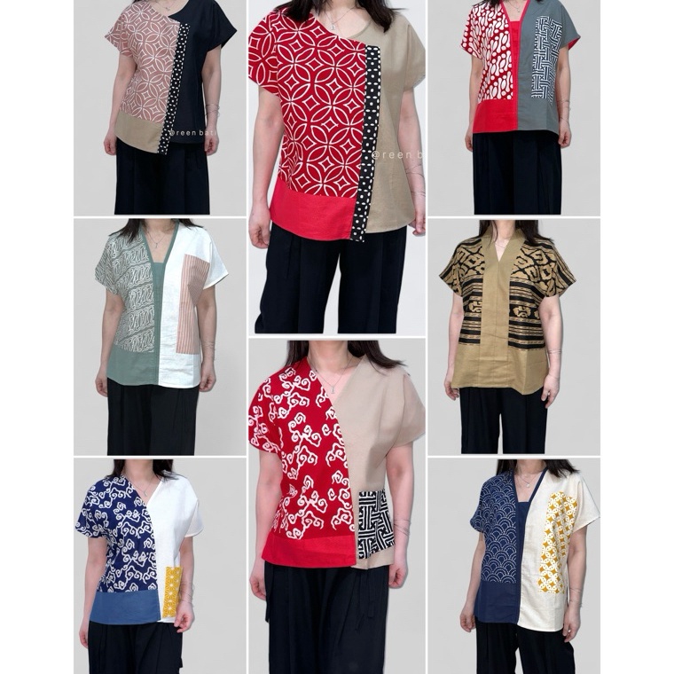 Lagi Tren Atasan Blouse Wanita Lengan Pendek Cotton Linen Kombinasi batik Fumiko Blouse  Yu Bi Blous
