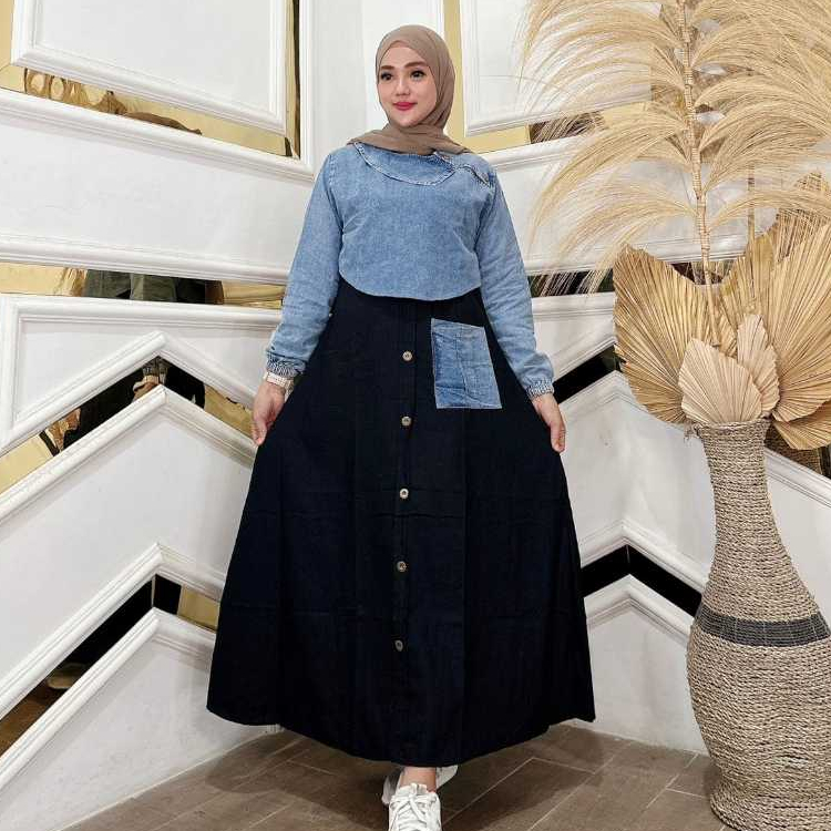 Fujita Gamis Jeans Rompi Kombinasi Katun Fashion Muslim Wanita Kekinian