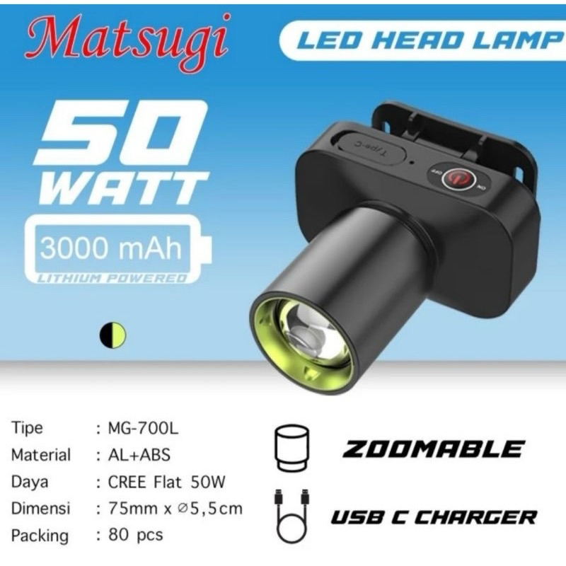 senter kepala zoom MG 700L matsugi 50 watt cas charge zoomable rechargeable