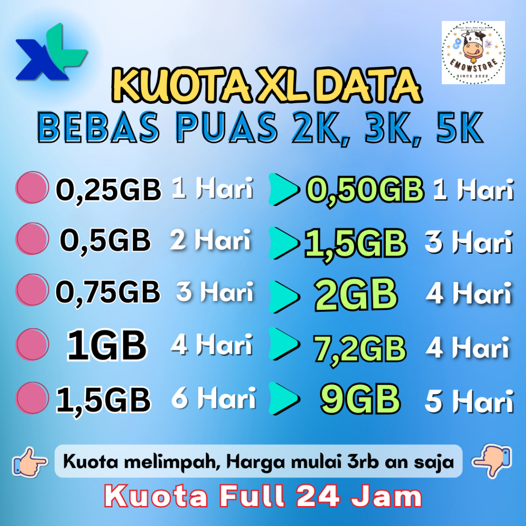 Promo Kuota XL Paket Data XL Bebas Puas 2K 3K 5K Harian Mingguan Murah