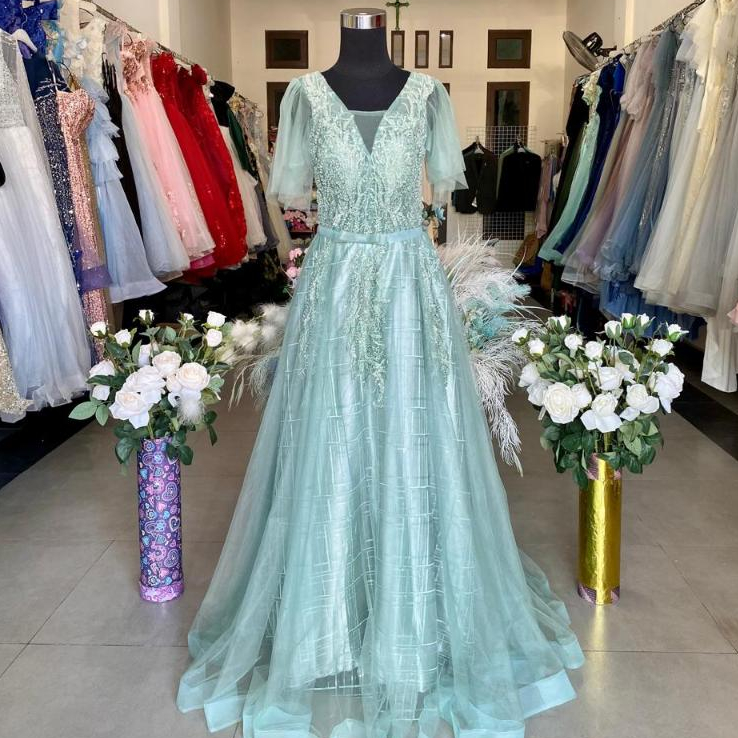 [FOR RENT] Gaun Pesta Hijau Sage/ Sage Green Short Sleeve Simple Party Dress SG-003