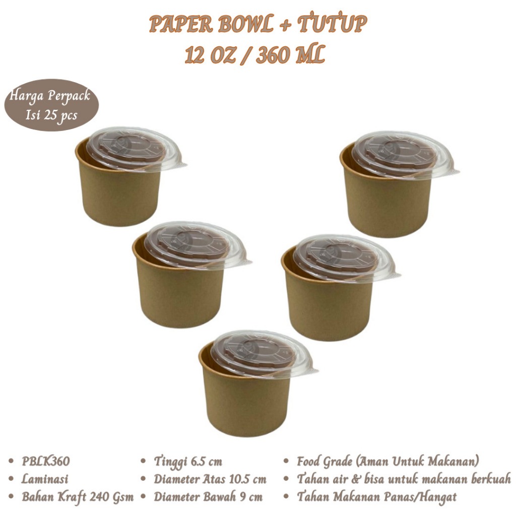 Paper Bowl 360 Ml Plus Tutup Mangkok Kertas Rice Bowl 360 (Isi 25 Pcs-P.BLK360)