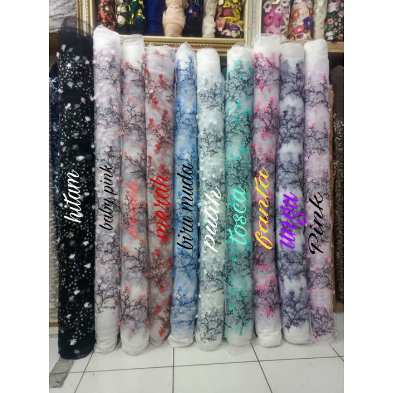 Bahan kain Tille tulle bordir bunga sakura 3D tile bordir bunga rambat