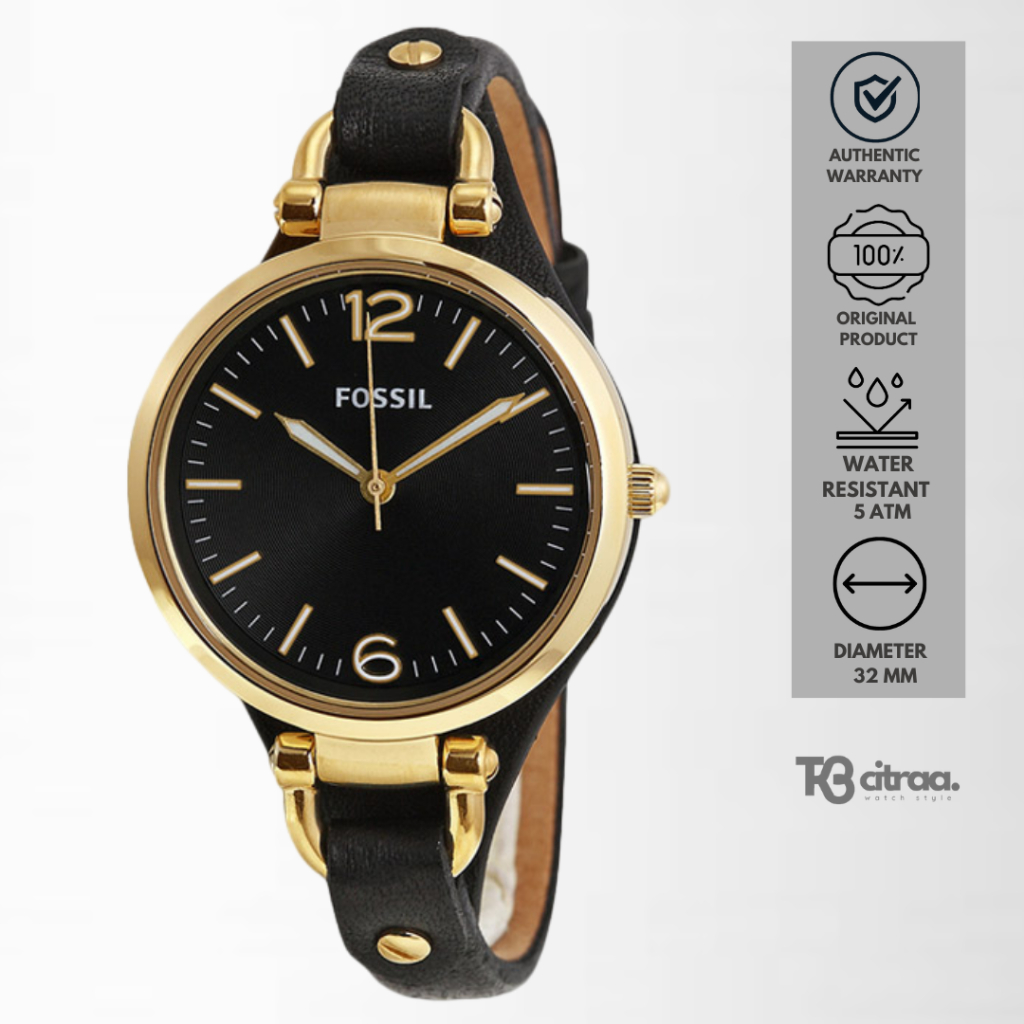 jam tangan fashion wanita fossil georgia analog strap kulit hitam water resistant luxury watch mewah