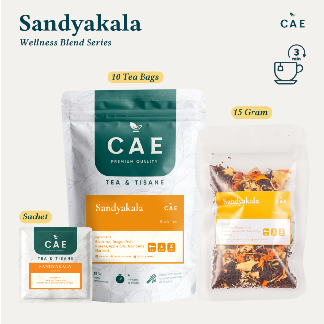 

SANDYAKALA | Herbal Tea Blend Black Tea Dragon Fruit Rosella Apple Bits Goji Berry Marigold Premium 15 Gram