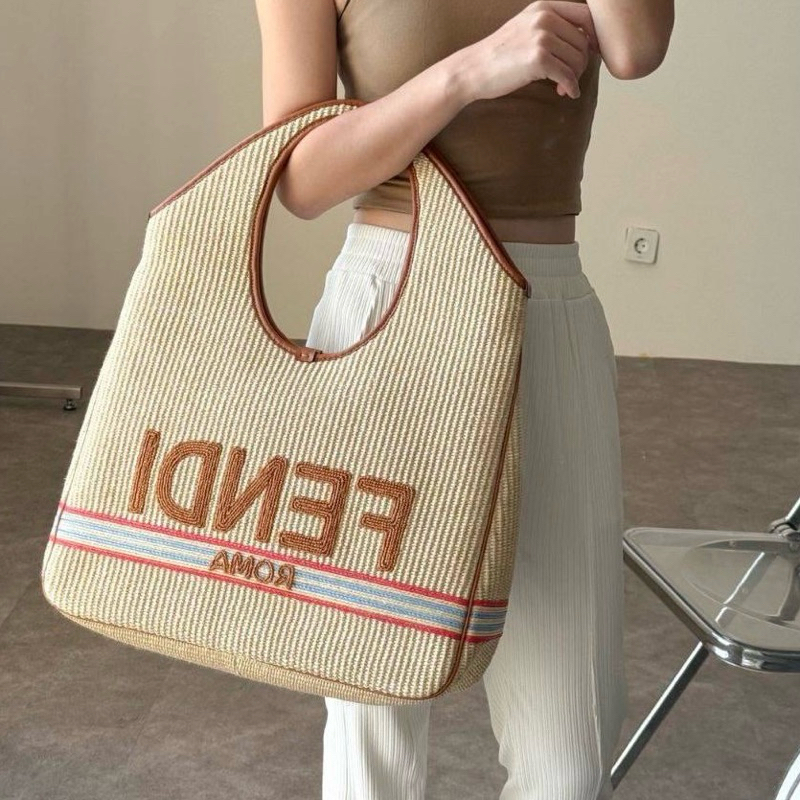 Original Fendi Logo Detailed Straw Tote Bag / Shopping Bag