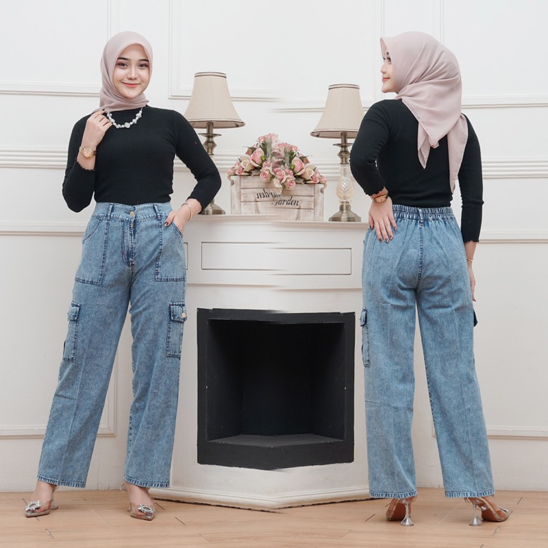 BEBE ISLAND || CELANA CARGO JEANS OVERSIZE WANITA || CELANA KULOT CARGO JEANS OVERSIZE WANITA