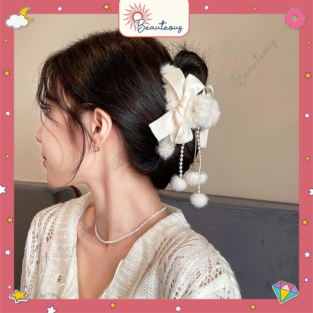 Jepit Bulu Pita Pom Rantai Mutiara Hair Clip Fashion Korean Idol Kpop