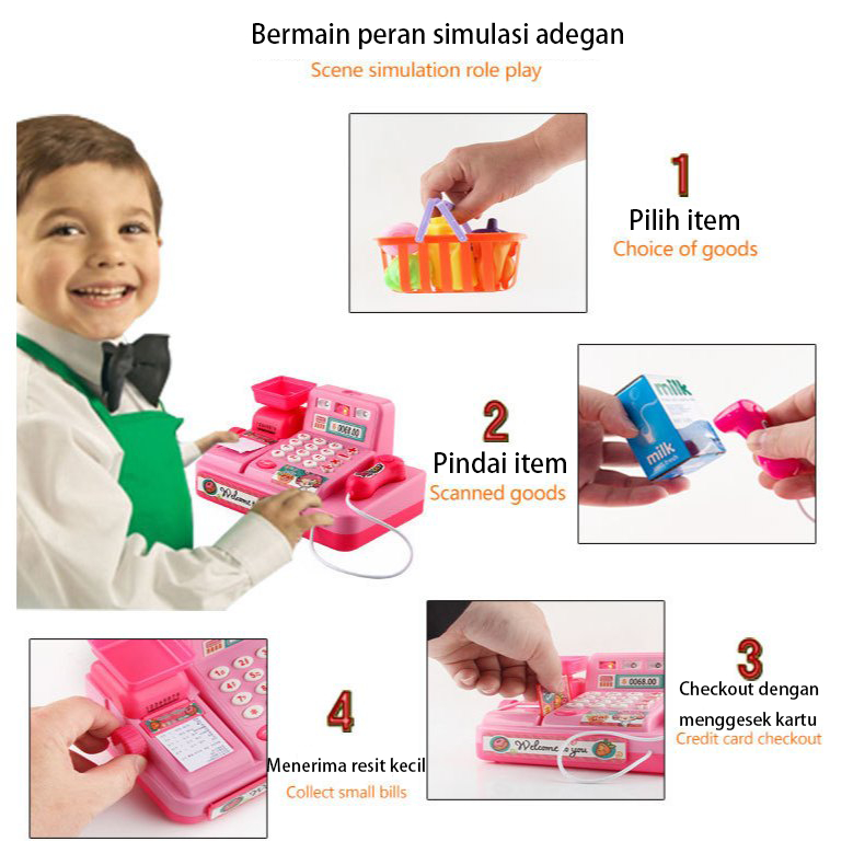 【Mainan peran sosial】Mainan peran kasir supermarket miniatur toko milik anak membangun keterampilan 