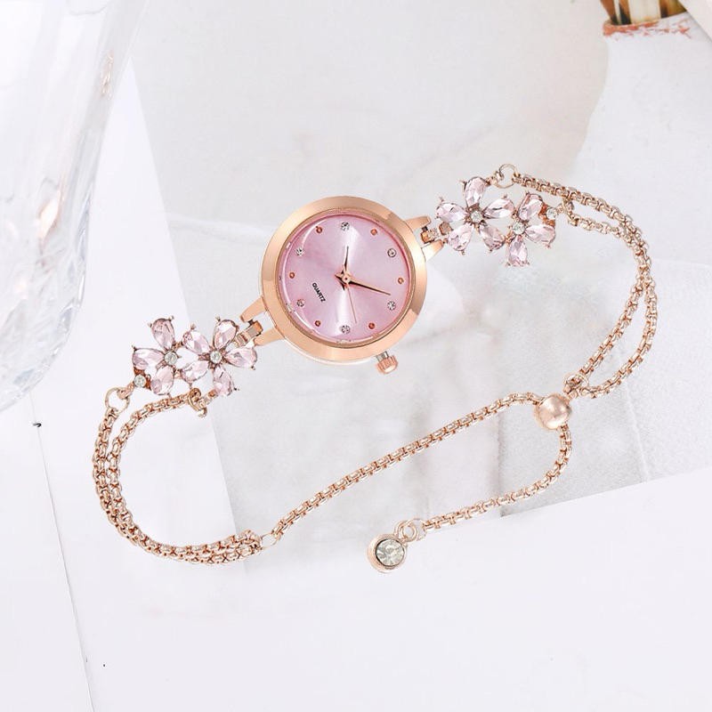 Chloey Jam Tangan Wanita Tali Serut Analog Jam Permata Bunga Model Tali 2 Rantai Jam Tangan Cewek CH